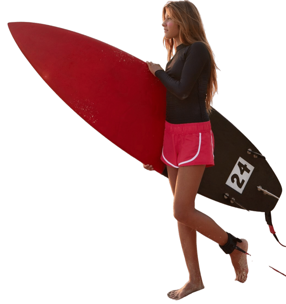 surfboarder with pleasant appearance carries board